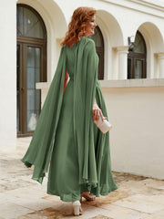 Robe de A-ligne à Col en Bijou Longueur de Mollet en Mousseline Olive Verte Grande Taille