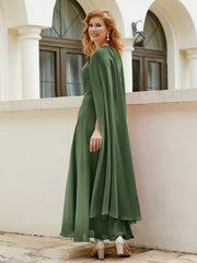 Robe de A-ligne à Col en Bijou Longueur de Mollet en Mousseline Olive Verte Grande Taille