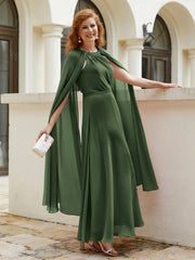 Robe de A-ligne à Col en Bijou Longueur de Mollet en Mousseline Olive Verte Grande Taille