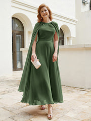 Robe de A-ligne à Col en Bijou Longueur de Mollet en Mousseline Olive Verte