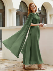 Robe de A-ligne à Col en Bijou Longueur de Mollet en Mousseline Olive Verte