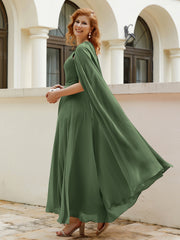 Robe de A-ligne à Col en Bijou Longueur de Mollet en Mousseline Olive Verte