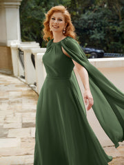 Robe de A-ligne à Col en Bijou Longueur de Mollet en Mousseline Olive Verte