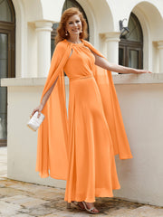 Robe de A-ligne à Col en Bijou Longueur de Mollet en Mousseline Orange Grande Taille