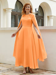 Robe de A-ligne à Col en Bijou Longueur de Mollet en Mousseline Orange Grande Taille