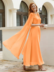Robe de A-ligne à Col en Bijou Longueur de Mollet en Mousseline Orange Grande Taille