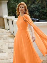 Robe de A-ligne à Col en Bijou Longueur de Mollet en Mousseline Orange Grande Taille