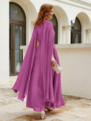 Robe de A-ligne à Col en Bijou Longueur de Mollet en Mousseline Orchidee