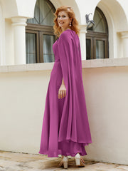 Robe de A-ligne à Col en Bijou Longueur de Mollet en Mousseline Orchidee