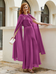 Robe de A-ligne à Col en Bijou Longueur de Mollet en Mousseline Orchidee