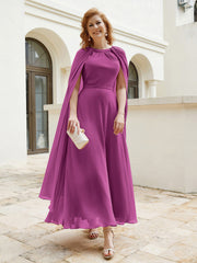 Robe de A-ligne à Col en Bijou Longueur de Mollet en Mousseline Orchidee