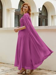 Robe de A-ligne à Col en Bijou Longueur de Mollet en Mousseline Orchidee Grande Taille