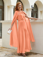 Robe de A-ligne à Col en Bijou Longueur de Mollet en Mousseline Papaye