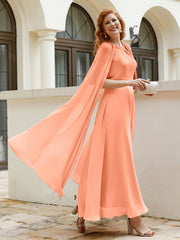 Robe de A-ligne à Col en Bijou Longueur de Mollet en Mousseline Papaye