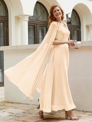 Robe de A-ligne à Col en Bijou Longueur de Mollet en Mousseline Pêche