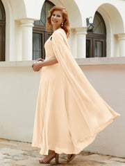 Robe de A-ligne à Col en Bijou Longueur de Mollet en Mousseline Pêche Grande Taille
