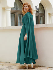Robe de A-ligne à Col en Bijou Longueur de Mollet en Mousseline Paon Grande Taille
