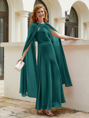 Robe de A-ligne à Col en Bijou Longueur de Mollet en Mousseline Paon