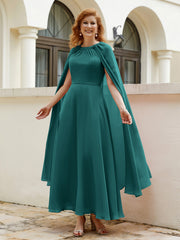 Robe de A-ligne à Col en Bijou Longueur de Mollet en Mousseline Paon