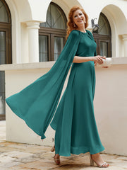 Robe de A-ligne à Col en Bijou Longueur de Mollet en Mousseline Paon Grande Taille
