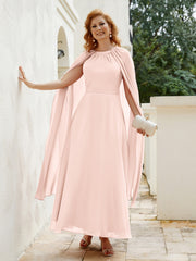Robe de A-ligne à Col en Bijou Longueur de Mollet en Mousseline Rose Perle Grande Taille