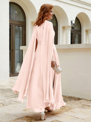 Robe de A-ligne à Col en Bijou Longueur de Mollet en Mousseline Rose Perle Grande Taille