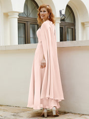Robe de A-ligne à Col en Bijou Longueur de Mollet en Mousseline Rose Perle