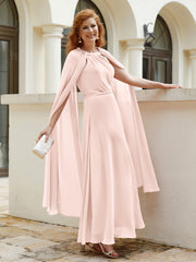 Robe de A-ligne à Col en Bijou Longueur de Mollet en Mousseline Rose Perle Grande Taille