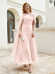 Robe de A-ligne à Col en Bijou Longueur de Mollet en Mousseline Rose Perle Grande Taille