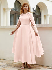 Robe de A-ligne à Col en Bijou Longueur de Mollet en Mousseline Rose Perle Grande Taille
