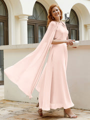 Robe de A-ligne à Col en Bijou Longueur de Mollet en Mousseline Rose Perle Grande Taille