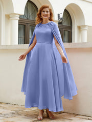 Robe de A-ligne à Col en Bijou Longueur de Mollet en Mousseline Citron Pervenche