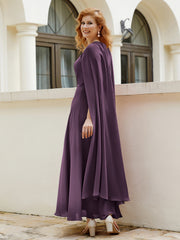 Robe de A-ligne à Col en Bijou Longueur de Mollet en Mousseline Plum