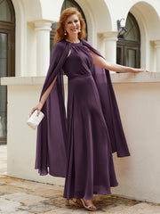 Robe de A-ligne à Col en Bijou Longueur de Mollet en Mousseline Plum Grande Taille