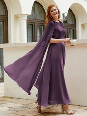 Robe de A-ligne à Col en Bijou Longueur de Mollet en Mousseline Plum Grande Taille