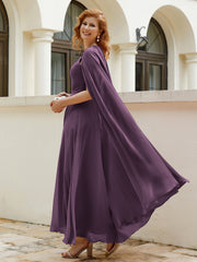 Robe de A-ligne à Col en Bijou Longueur de Mollet en Mousseline Plum Grande Taille