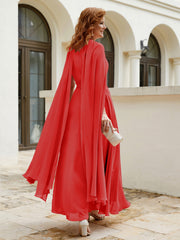 Robe de A-ligne à Col en Bijou Longueur de Mollet en Mousseline Rouge