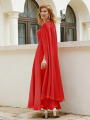 Robe de A-ligne à Col en Bijou Longueur de Mollet en Mousseline Rouge Grande Taille