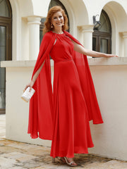 Robe de A-ligne à Col en Bijou Longueur de Mollet en Mousseline Rouge