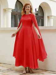 Robe de A-ligne à Col en Bijou Longueur de Mollet en Mousseline Rouge
