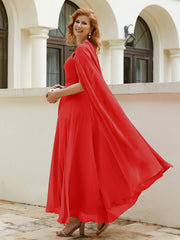 Robe de A-ligne à Col en Bijou Longueur de Mollet en Mousseline Rouge