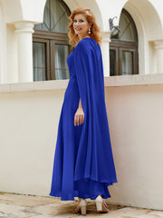 Robe de A-ligne à Col en Bijou Longueur de Mollet en Mousseline Bleu Royale