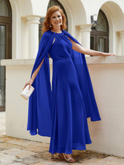 Robe de A-ligne à Col en Bijou Longueur de Mollet en Mousseline Bleu Royale