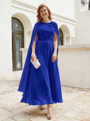 Robe de A-ligne à Col en Bijou Longueur de Mollet en Mousseline Bleu Royale Grande Taille