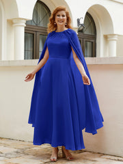 Robe de A-ligne à Col en Bijou Longueur de Mollet en Mousseline Bleu Royale Grande Taille