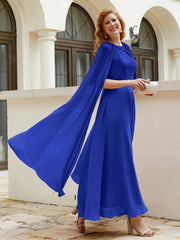 Robe de A-ligne à Col en Bijou Longueur de Mollet en Mousseline Bleu Royale Grande Taille