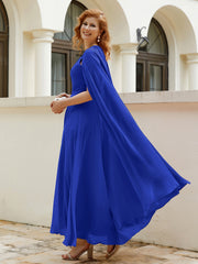 Robe de A-ligne à Col en Bijou Longueur de Mollet en Mousseline Bleu Royale
