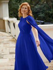 Robe de A-ligne à Col en Bijou Longueur de Mollet en Mousseline Bleu Royale Grande Taille