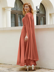 Robe de A-ligne à Col en Bijou Longueur de Mollet en Mousseline Rouille