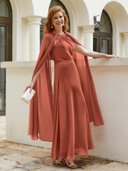 Robe de A-ligne à Col en Bijou Longueur de Mollet en Mousseline Rouille Grande Taille